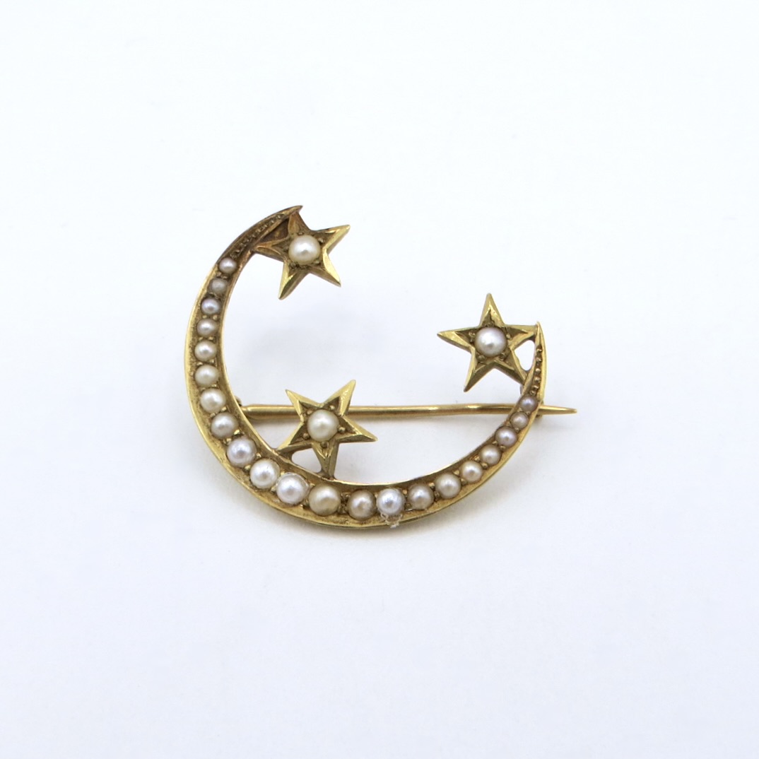 Crescent Moon and Stars Brooch