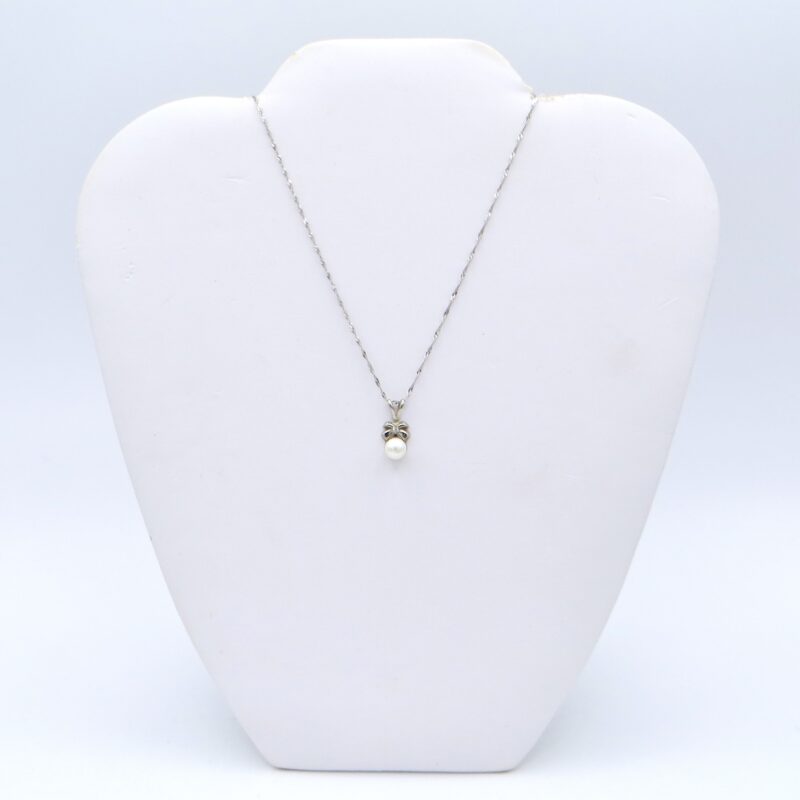 White Gold & Pearl Bow Necklace